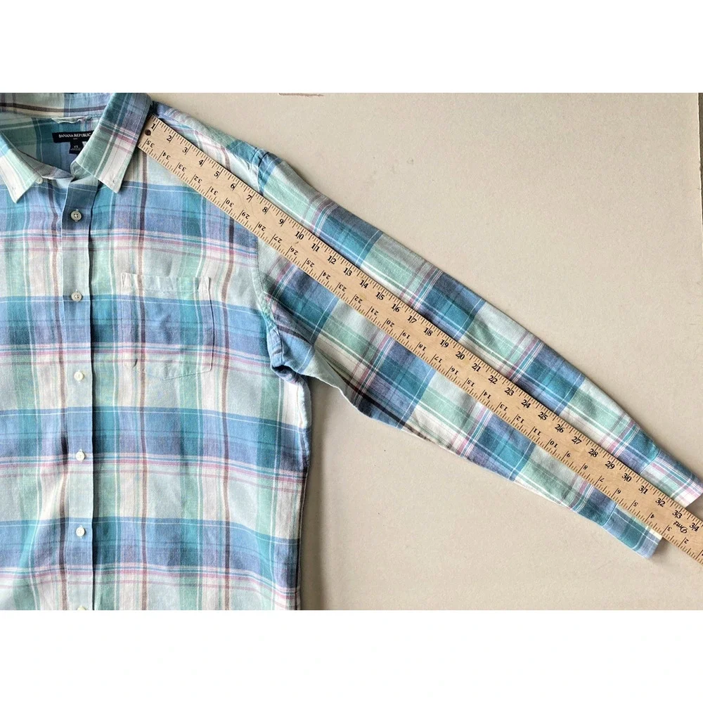 Banana Republic Shirt Mens XL Green Blue Plaid Linen Long Sleeve Office Preppy